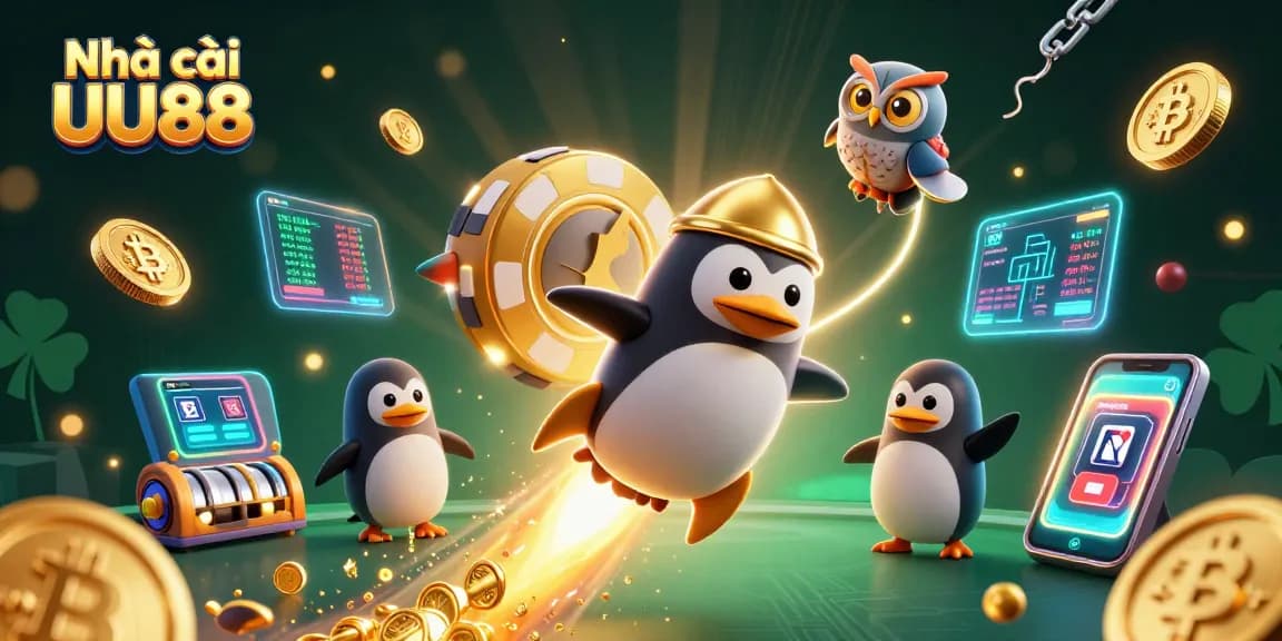 Engage with Nhà cái UU88 featuring a golden penguin and casino elements in a vibrant 3D illustration.