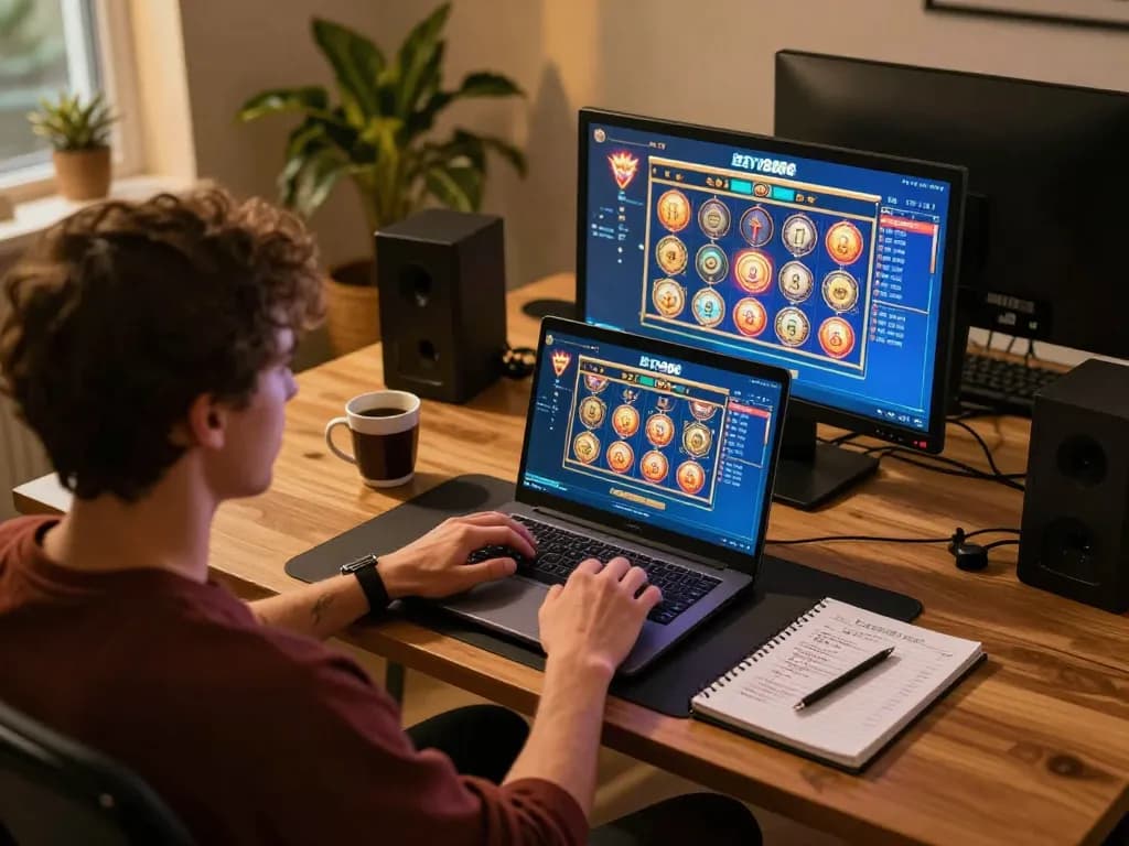 Engaged player enjoying BET88 online casino gaming on laptop, showcasing vibrant slot game graphics
