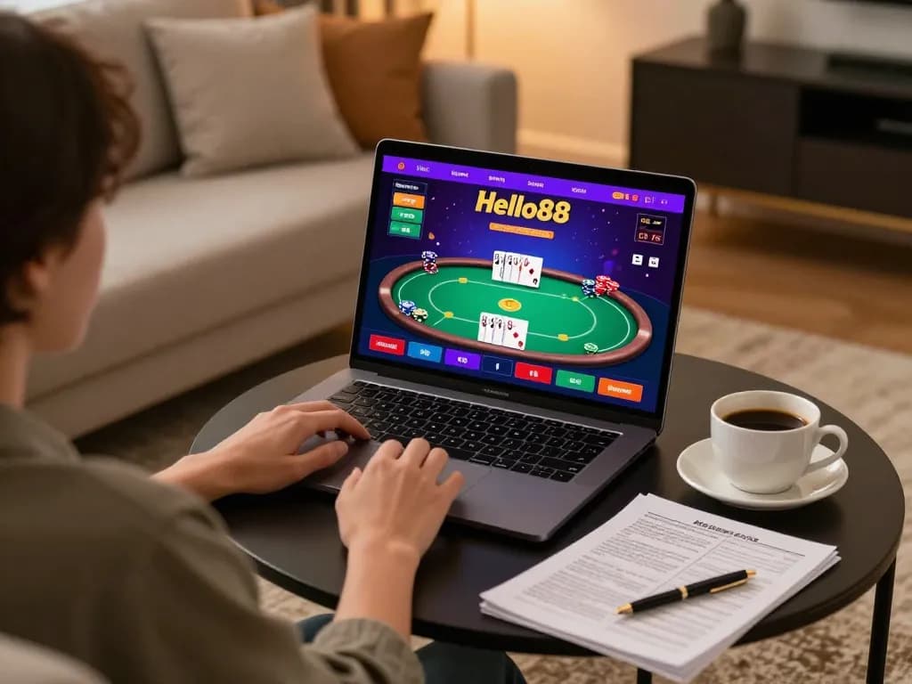 Hello88 online casino gameplay showing dynamic poker session on laptop with strategic elements in a cozy home setting
