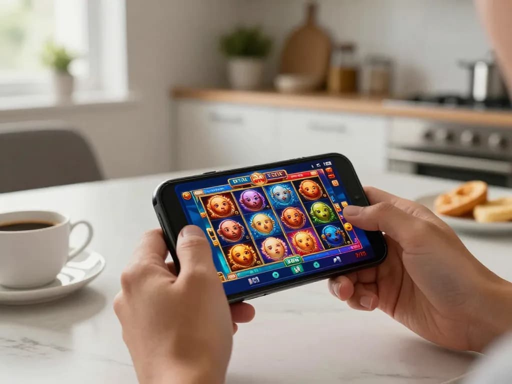 UGDEWA mobile gaming excitement with high-end smartphone showing casino slots