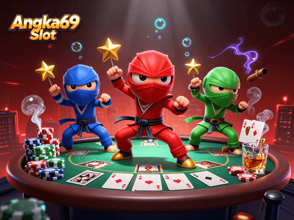 Experience Angka69 Slot with a vibrant display of chameleon ninjas and poker elements in action.