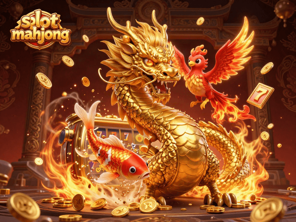 Experience the thrill of slot mahjong with a dynamic scene of a dragon, phoenix, and koi fish amidst vibrant gaming elements.