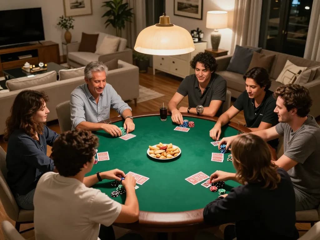 Friends enjoying a lively poker game at home highlighting a strategic rr88bet setup with chips and snacks.