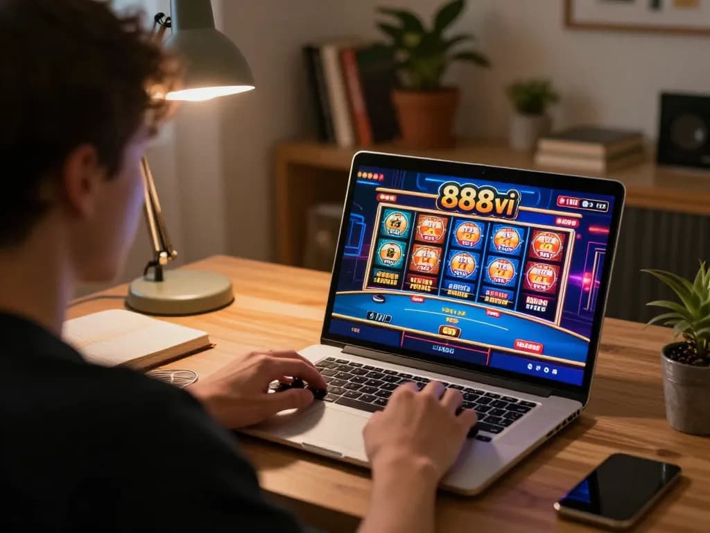 Engaged player exploring 888vi casino games on laptop, immersed in online gambling.
