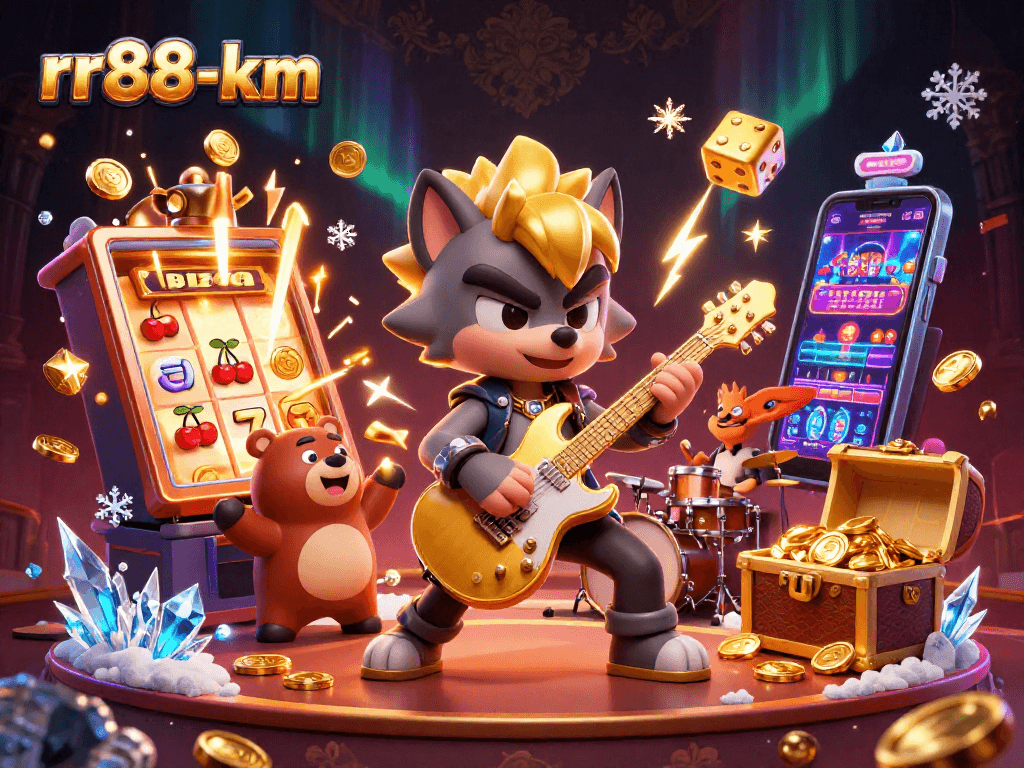 Experience the thrilling excitement at rr88-km with a cartoon wolf rock star and vibrant casino elements!