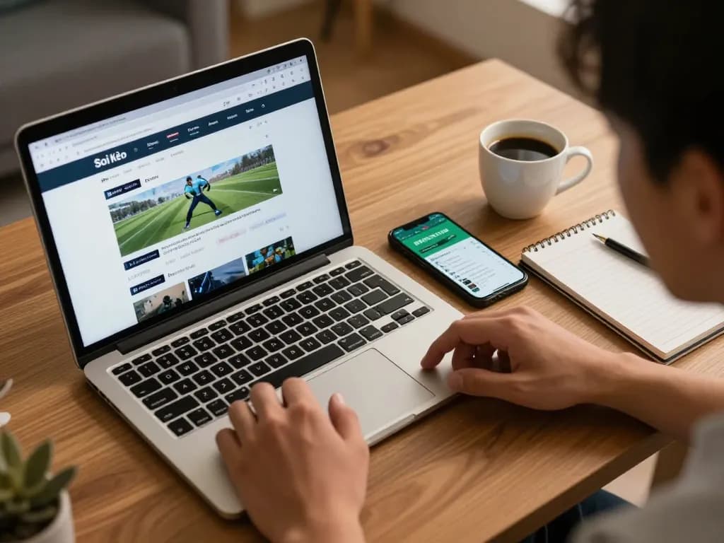 Soi Kèo website displayed on a laptop, showcasing strategic sports betting tips in a cozy home setup.