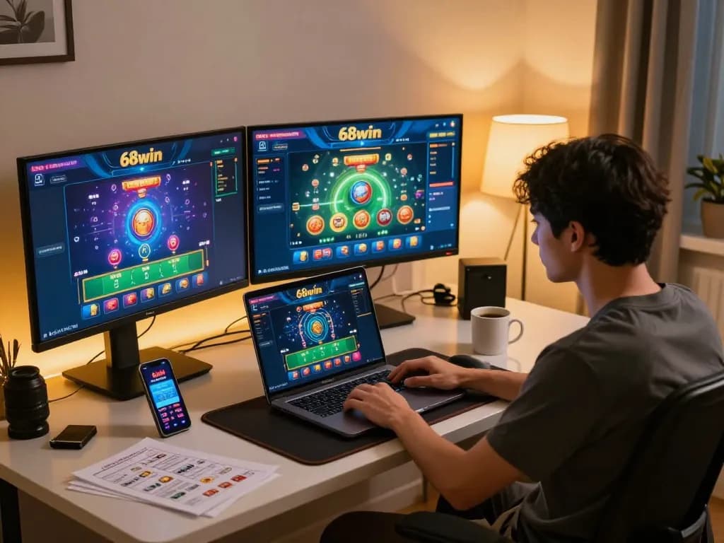 Engaging player enjoying 68win online casino experience from a stylish home office setup