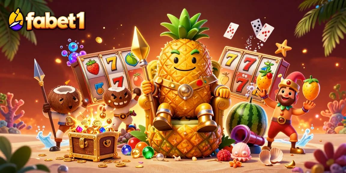 Experience fabet1 with the golden pineapple king amid vibrant casino elements in a tropical scene.