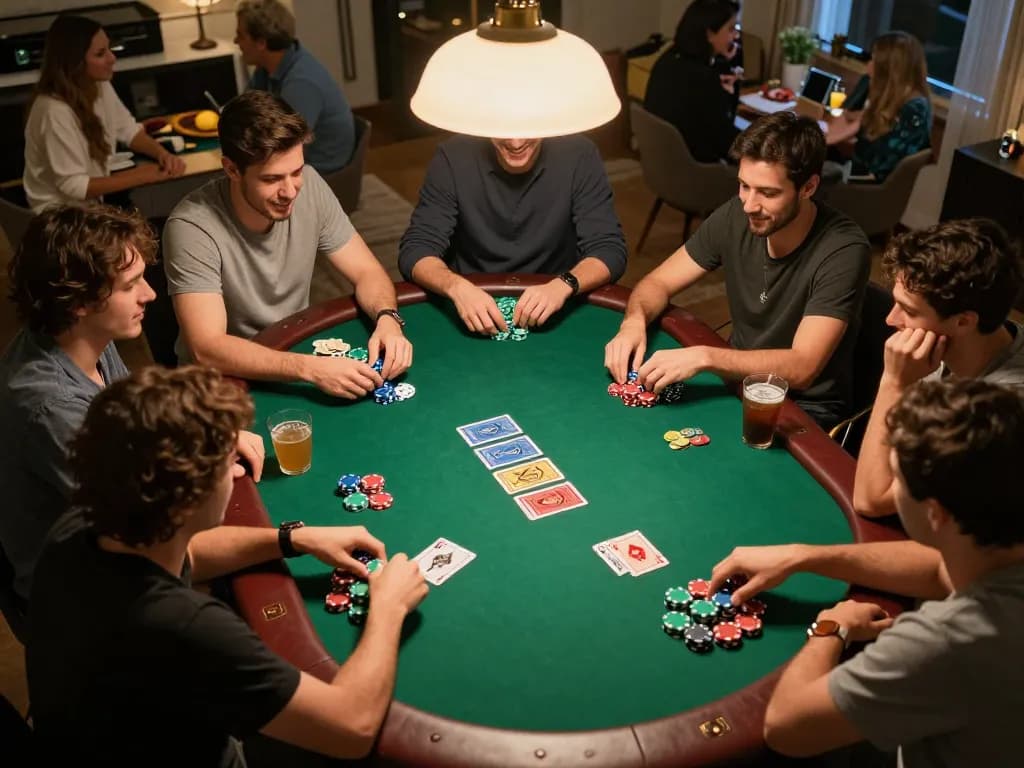 Engaging in a lively poker game with friends in a home setting, showcasing dash88 gaming strategies.