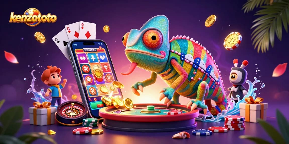 Engage with kenzototo through vibrant casino experiences, featuring a colorful chameleon character and dynamic slot game elements.