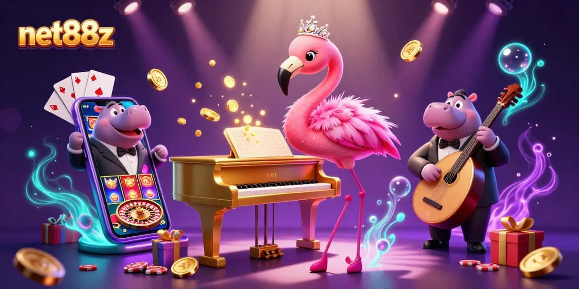 net88z captures the vibrant energy of a casino scene with flamingo singer, hippo bassist, and slot games.