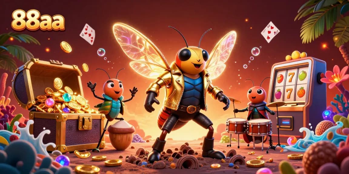 Experience thrilling casino action with 88aa's vibrant 3D illustration showcasing a rock star cicada and lively characters.