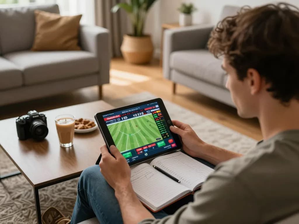 Engaged player using tablet for uu88 sports betting, showcasing strategic gameplay in a cozy home setting