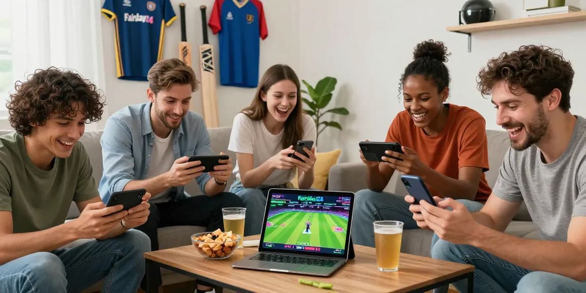 Users enjoying Fairplay24 online betting in a lively living room, showcasing smartphones and cricket memorabilia.