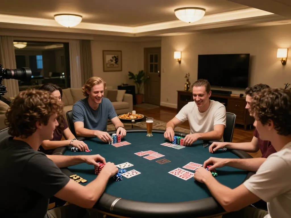 Friends enjoying a competitive poker game with 8xbet chips and cards in action.