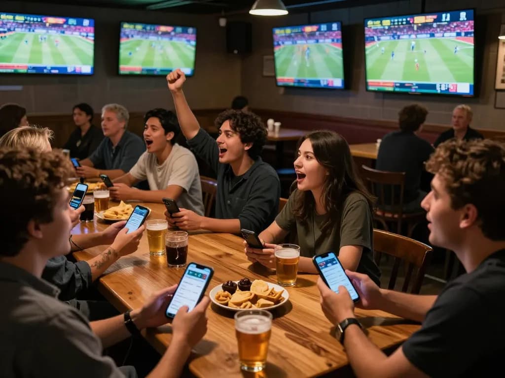 Excited patrons at a sports bar checking situs togel odds on their smartphones during live games.