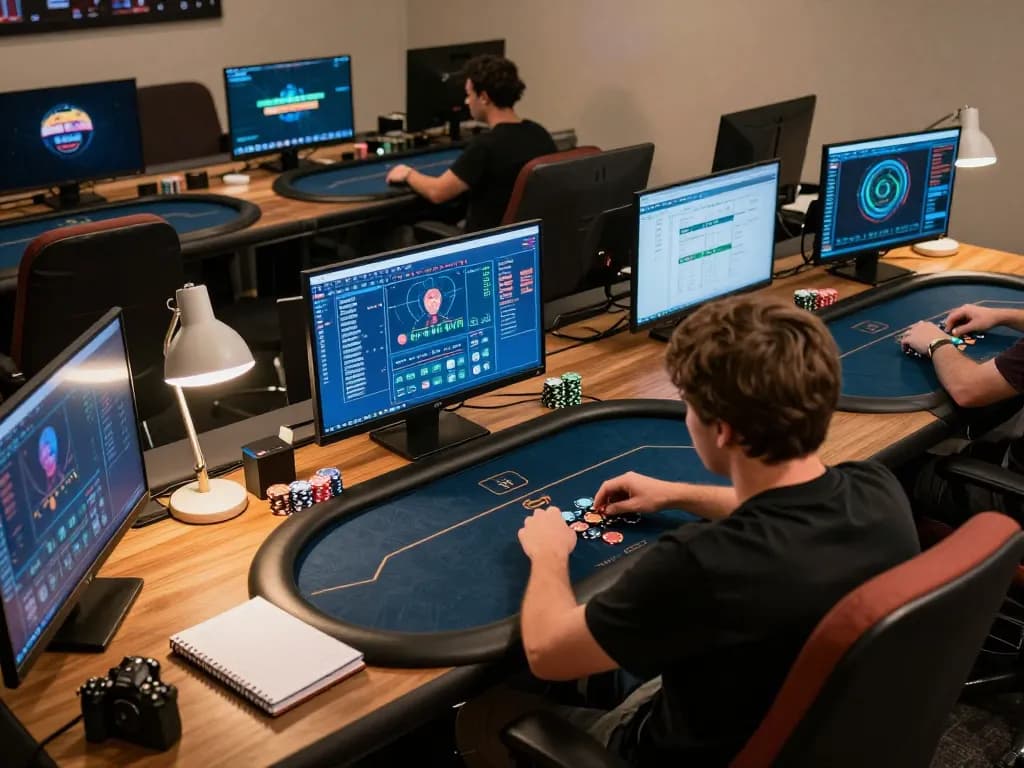 Pemain yang terlibat sedang merencanakan strategi dalam permainan poker daring WOLES88 di beberapa layar, meningkatkan pengalaman bermain.