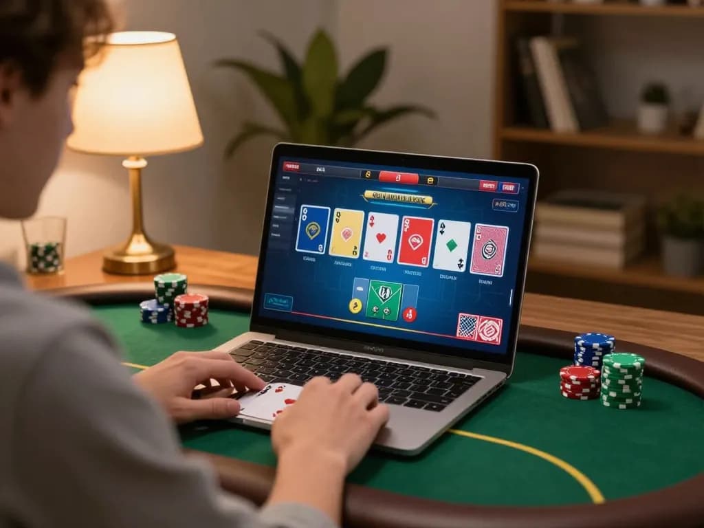 Engaging gameplay on open88 com with a player focused on poker at home, showcasing an inviting atmosphere.