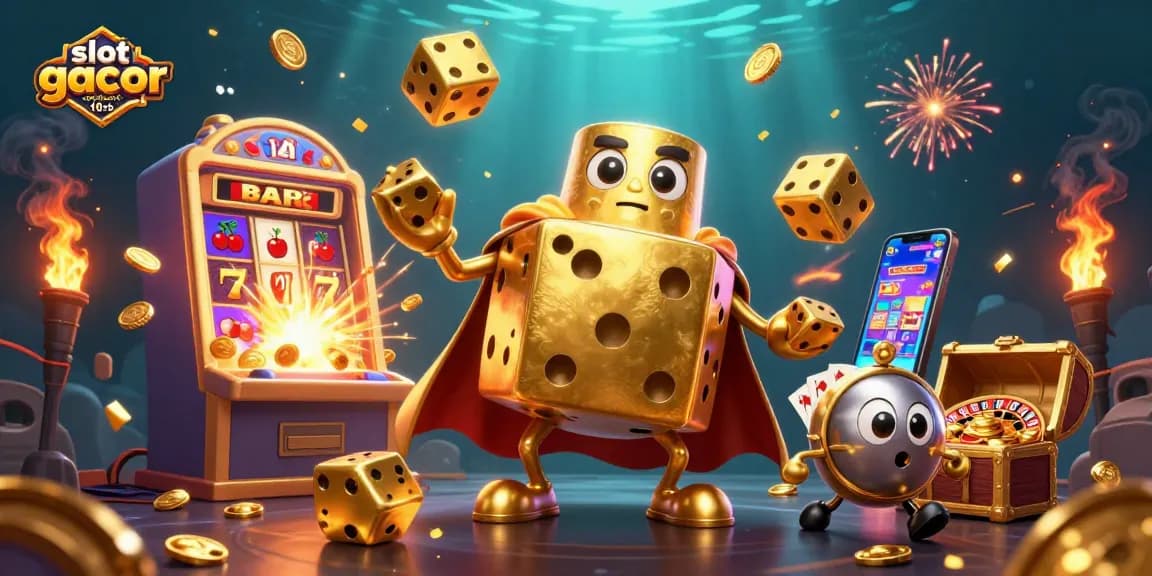 Experience excitement with slot gacor deposit 10rb showcased in a vibrant 3D casino scene filled with lively characters and game elements.