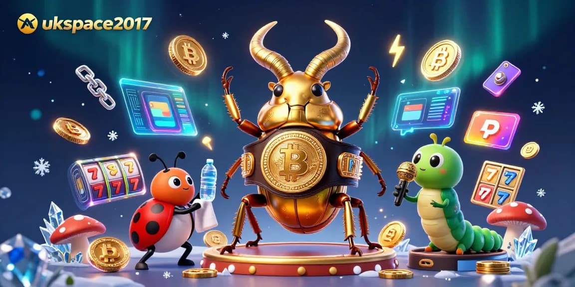 Main scene featuring ukspace2017's golden stag beetle boxing champion with slot reels and crypto coins