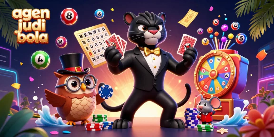 Engage with agen judi bola while a black panther deals cards, an owl holds chips, and a lucky mouse watches.