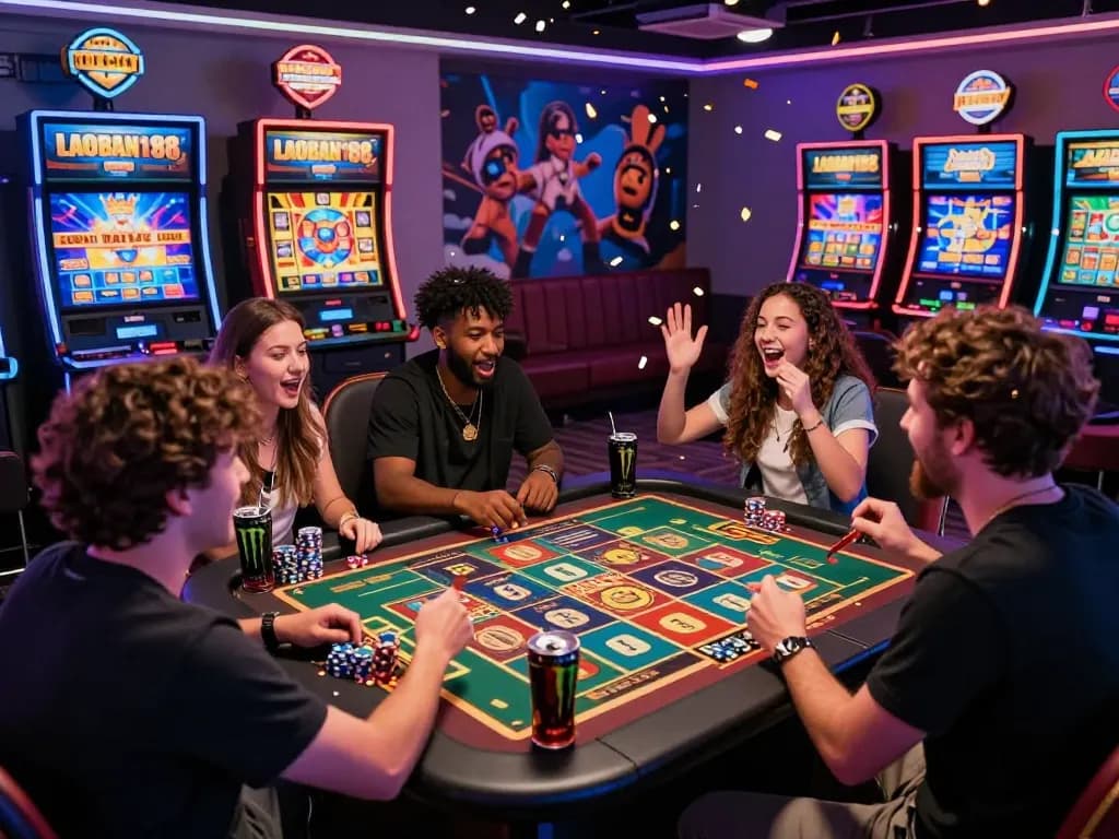Suasana permainan slot gacor terpercaya LAOBAN188 yang dinamis dengan berbagai pemain merayakan jackpot di lounge yang mengasyikkan.