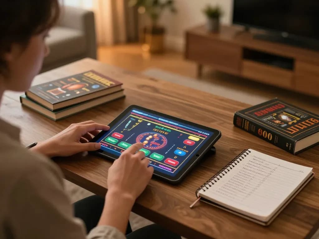 Engaging with nhà cái via tablet at home, showcasing online casino gameplay.
