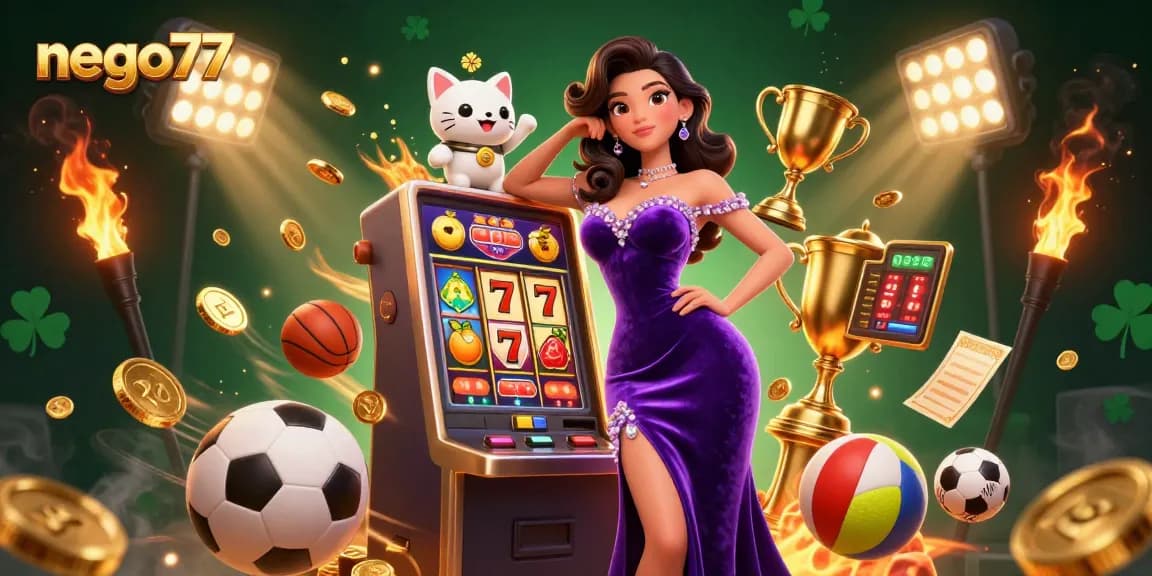 Experience the excitement with nego77's jackpot slots showcasing a glamorous woman and fortune cat.