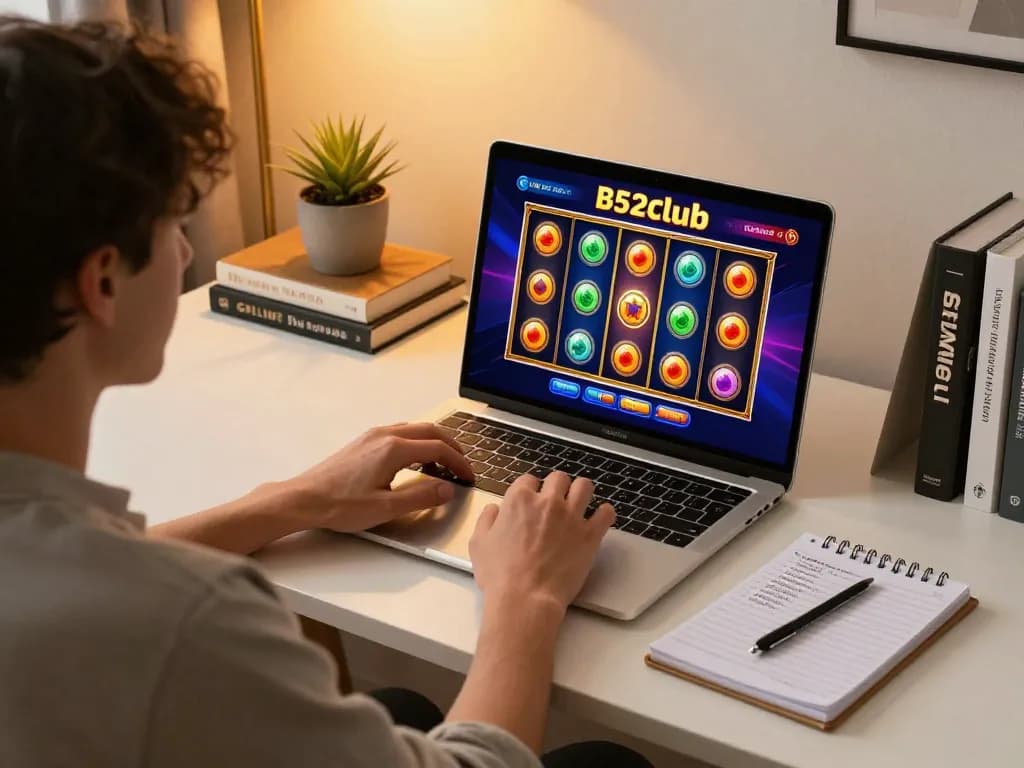 B52club player engaged in online gaming session at home, showcasing excitement and strategy with a laptop.