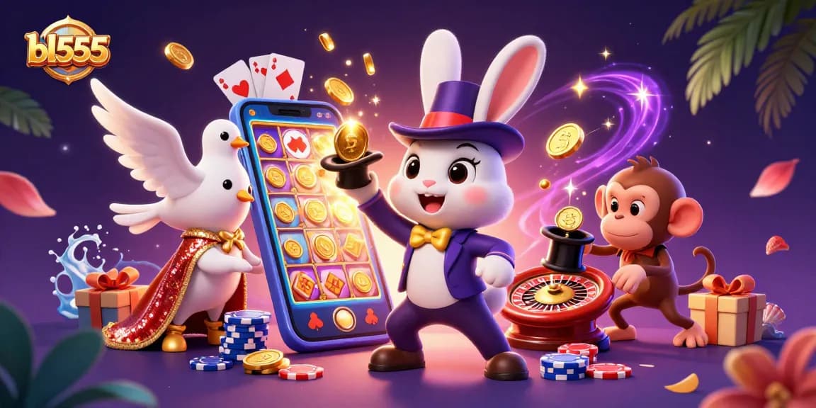 Spin the reels and win big at bl555 with a magical scene featuring a magician rabbit and exciting casino elements.