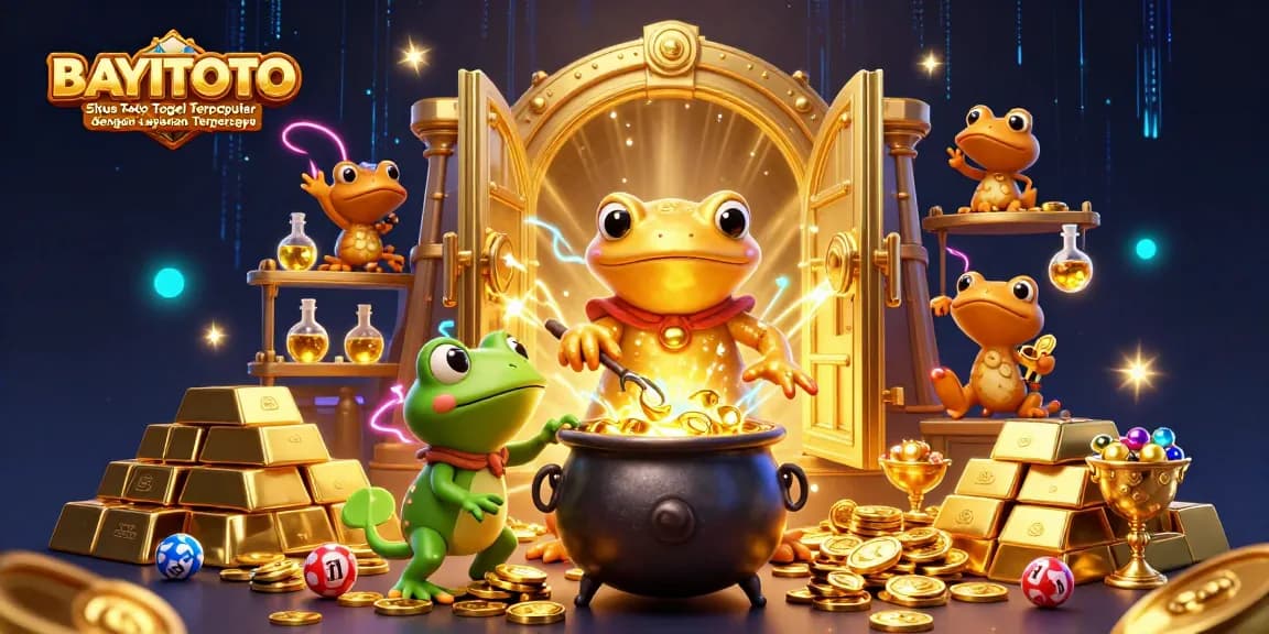 BAYITOTO Situs Toto Togel Terpopuler dengan Layanan Terpercaya showcases a vibrant, magical scene of a golden salamander alchemist and lottery elements.
