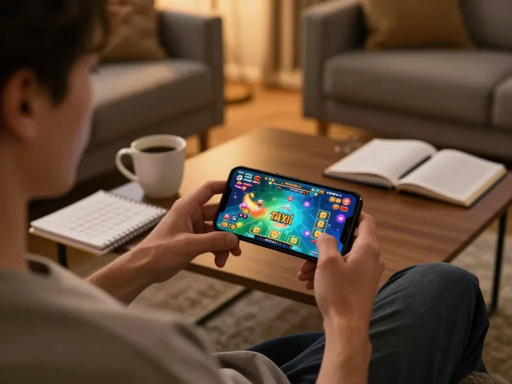 Tài xỉu online action on a mobile device with vibrant gameplay in a cozy home setting.