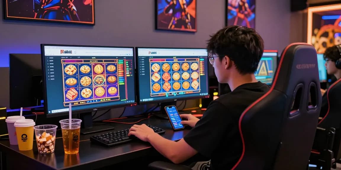 Player engaging with ngamenjitu site in modern gaming room, vibrant atmosphere for online gambling.