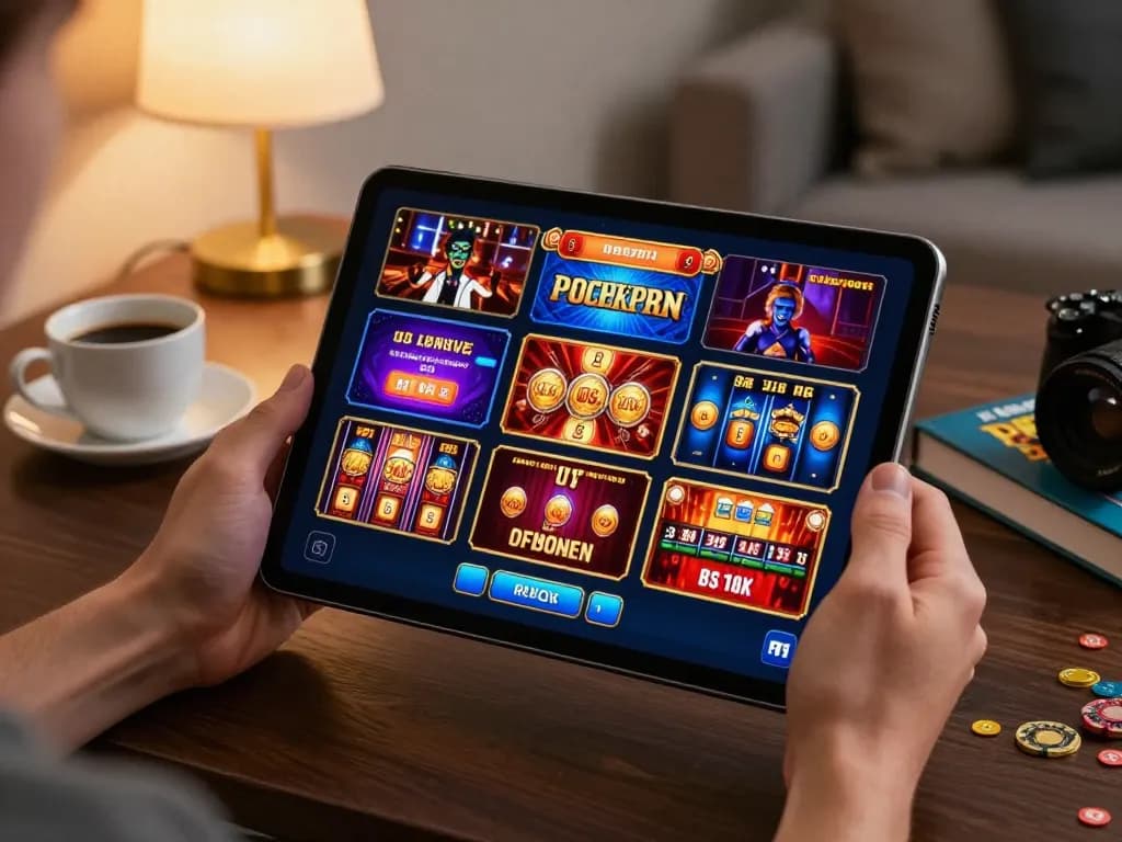Engaging in online casino fun at home with XX88 tablet interface, showcasing dynamic game options.