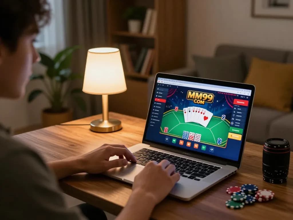 Engaging in online gaming on MM99 COM with poker interface on laptop at home