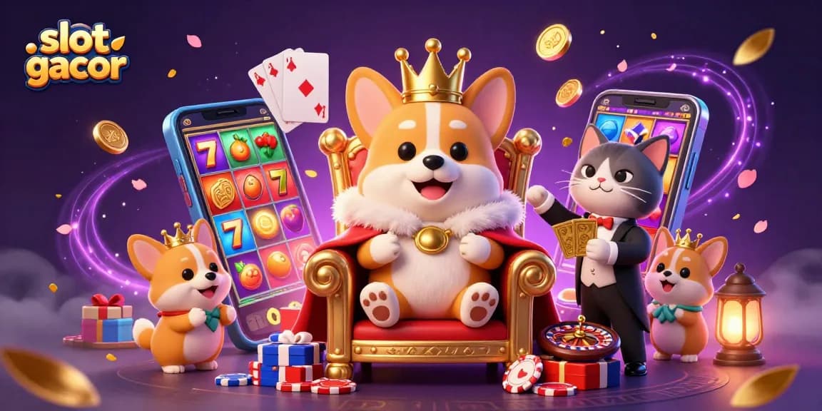 Experience exciting slot gacor gameplay featuring a royal corgi and slot game elements in a vibrant casino scene.