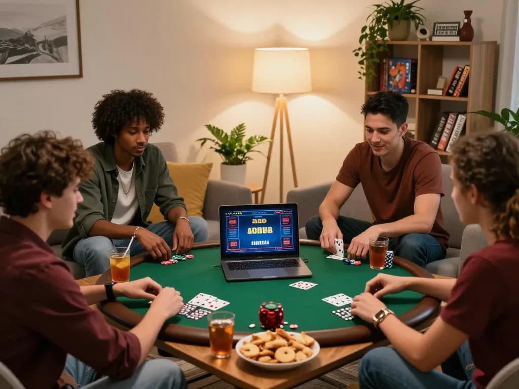 Friends enjoying online poker at home, showcasing webnk88 gaming excitement in a cozy environment.
