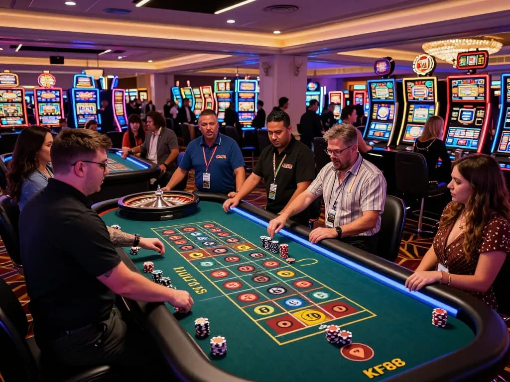 Players enjoying a thrilling roulette game at a KP88 casino, vibrant chips and excitement in the air