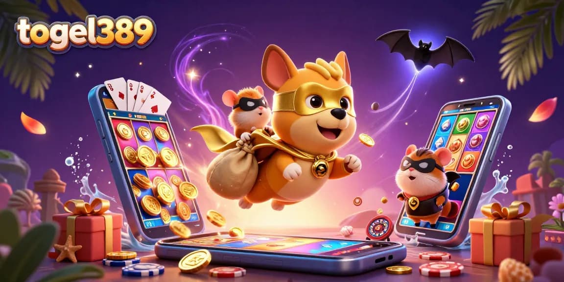 Experience the excitement of togel389 with a superhero dog and hamster in a vibrant 3D casino scene.