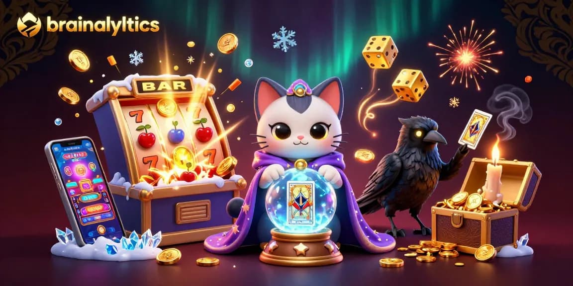 Engage with brainalytics in a vibrant 3D gambling scene featuring interactive slots and mystical characters.
