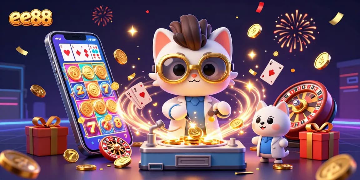 Experience the thrill of ee88 with a mad scientist cat creating a gold-coin machine surrounded by casino games.