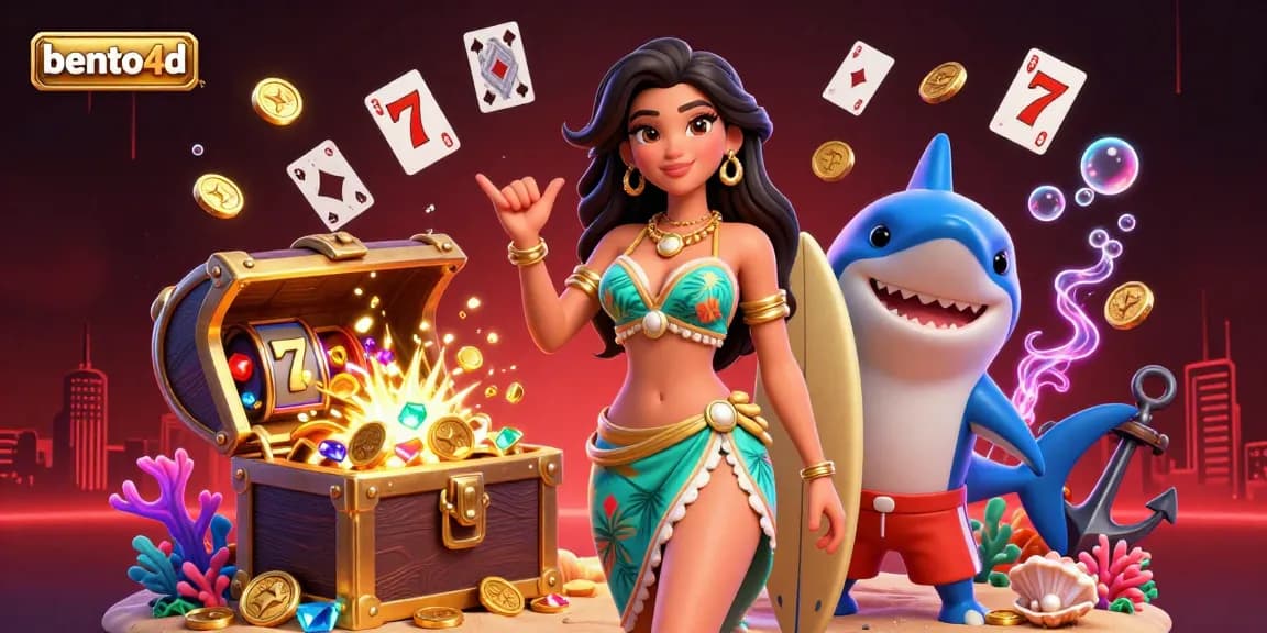Bento4d mempromosikan strategi kemenangan dalam suasana kasino bawah laut 3D yang cerah dan ramai dengan gulungan slot dan harta karun.