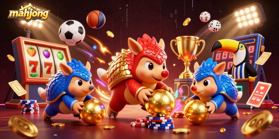 Bowling pangolins playing mahjong with golden scales and vibrant casino elements in a dynamic scene.