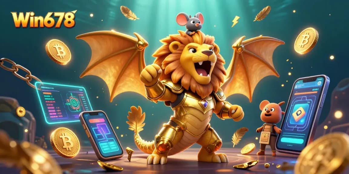 Win678 captivates players with a dynamic 3D casino scene featuring golden creatures, coins, and blockchain elements.