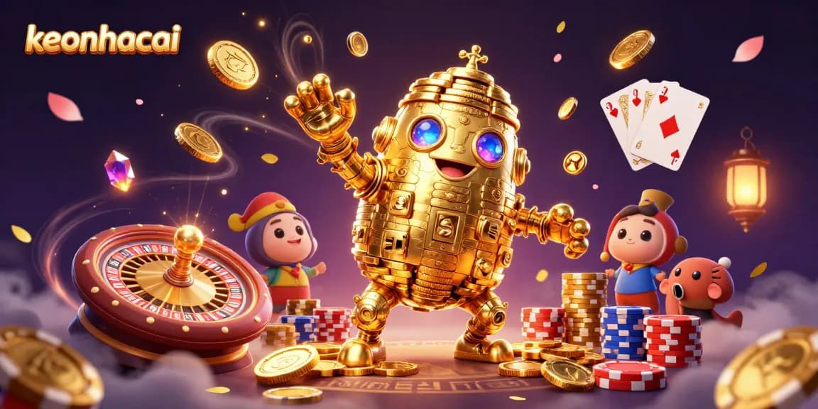 Experience the excitement of keonhacai with a golden golem surrounded by vibrant casino elements.
