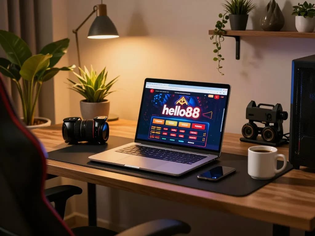 Engaging online gambling scene with hello88 platform interface on a cozy desk