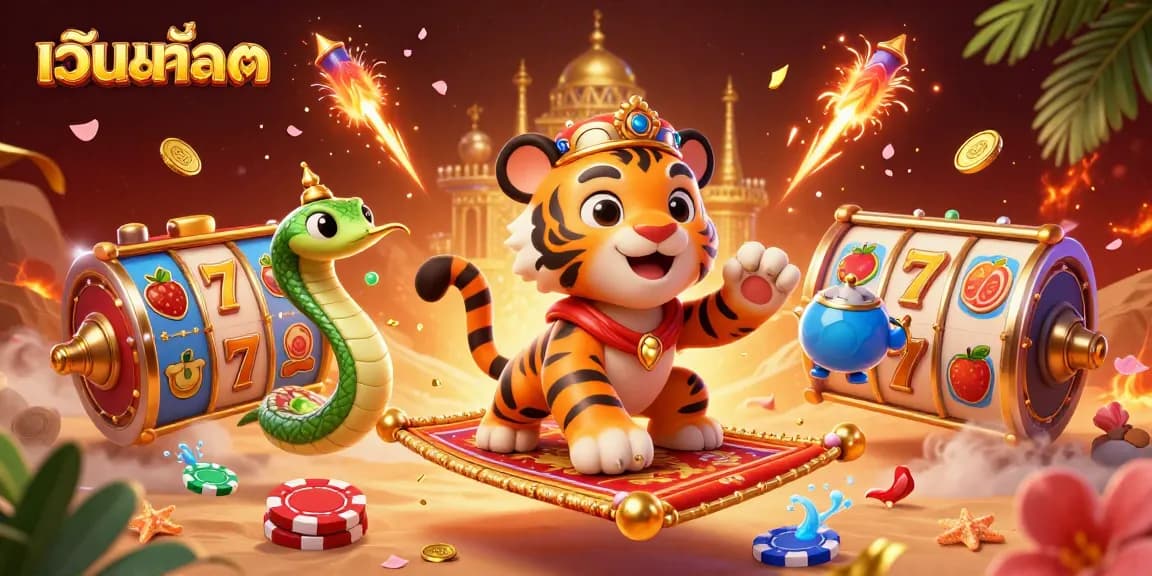 Engage in เว็บสล็อต gameplay with vivid slot symbols and characters in a dynamic casino setting.