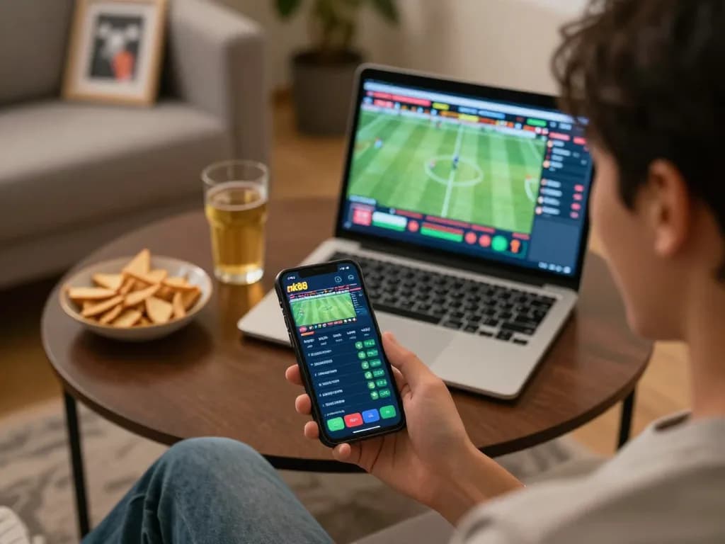 Betting enthusiast engages with nk88 app on smartphone during live sports event at home.