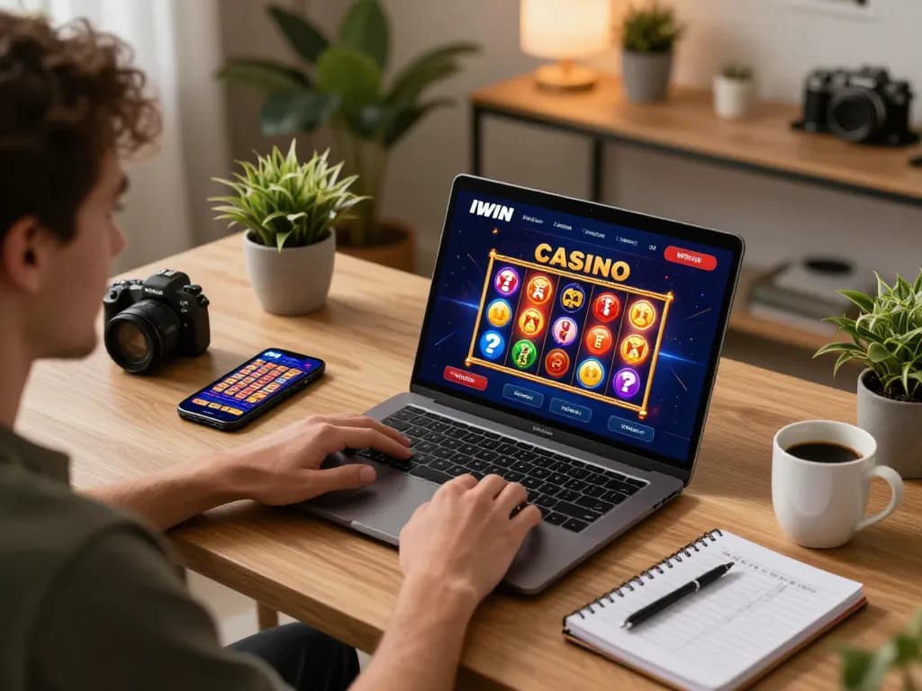 Playing IWIN slots on a laptop in a cozy home office setup, showcasing online gaming excitement.