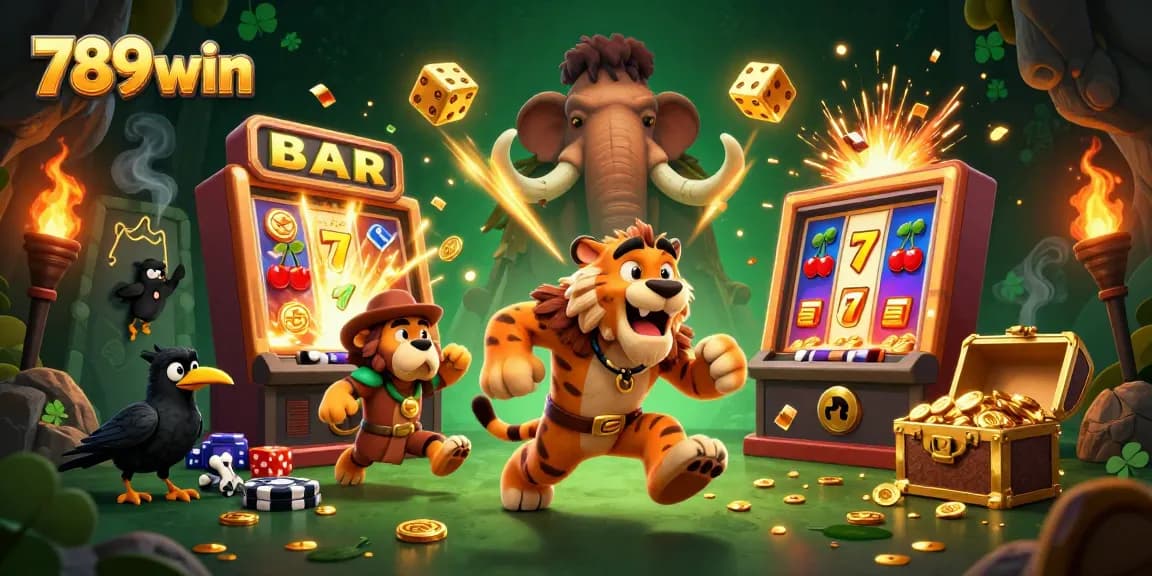 Experience the thrilling world of 789win with a vibrant prehistoric casino scene filled with action and excitement.